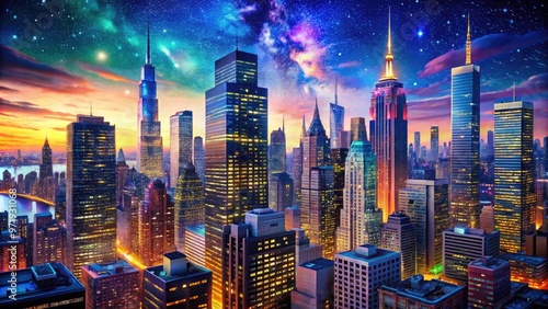 Vibrant digital illustration of New York City's iconic skyline, featuring towering skyscrapers, bustling streets, and colorful neon lights amidst a starry night sky backdrop. photo