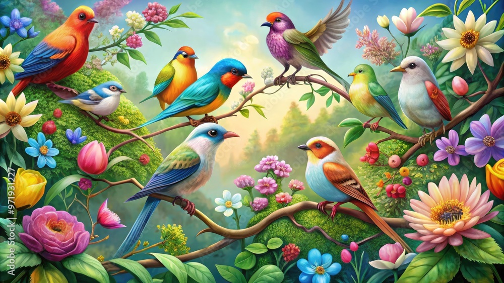 Vibrant digital illustration showcases a whimsical gathering of colorful birds perched on twisted vines, surrounded by lush foliage and delicate blooming flowers in soft pastels. Vibrant digital illustration showcases a whimsical gathering of colorful birds perched on twisted vines, surrounded by lush foliage and delicate blooming flowers in soft pastels.