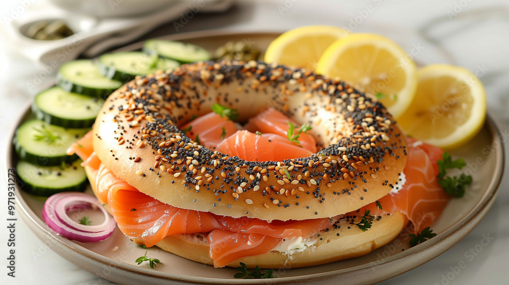 classic bagel breakfast with smoked salmon, cream cheese, capers, and red onions, with a side of sliced cucumber and lemon wedges classic bagel breakfast with smoked salmon, cream cheese, capers, and red onions, with a side of sliced cucumber and lemon wedges