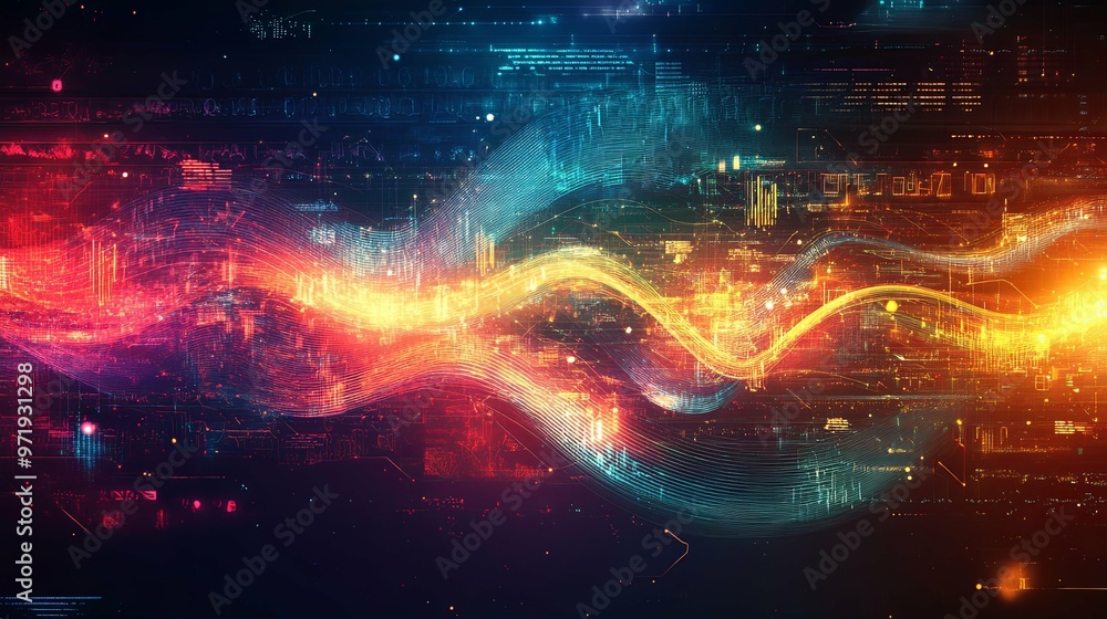 Abstract Digital Wave Pattern with Glowing Lines and Data Abstract Digital Wave Pattern with Glowing Lines and Data