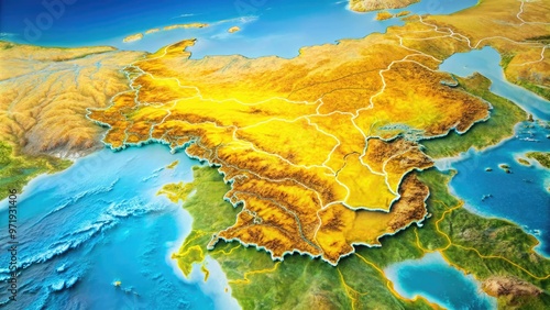 Vibrant digital map of Henan Province in central China, featuring capital city Zhengzhou, Yellow River, and surrounding terrain, highlighted with bright colors and bold lines. photo