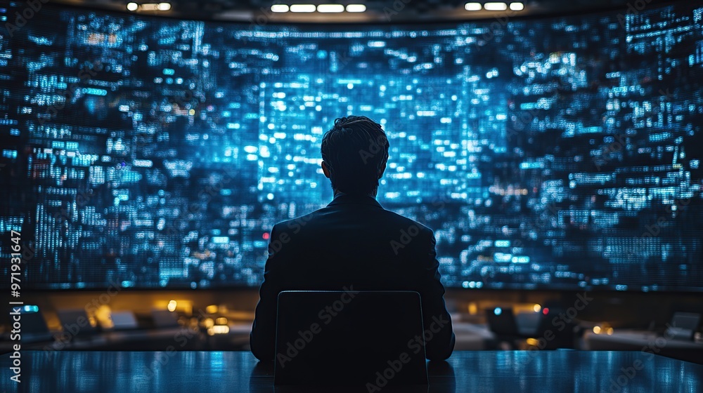A businessman presenting data on a large digital screen in a futuristic boardroom A businessman presenting data on a large digital screen in a futuristic boardroom