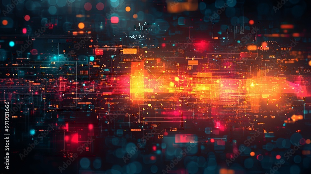 Abstract Digital Network with Red and Orange Glowing Lights Abstract Digital Network with Red and Orange Glowing Lights