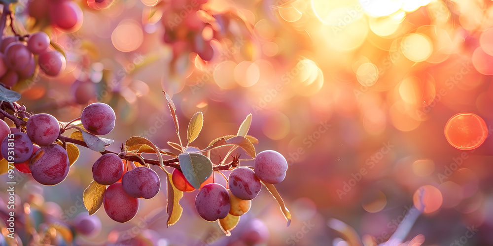 a bunch of purple grapes with green leaves, set against a blurred backdrop of a sunset. a bunch of purple grapes with green leaves, set against a blurred backdrop of a sunset.