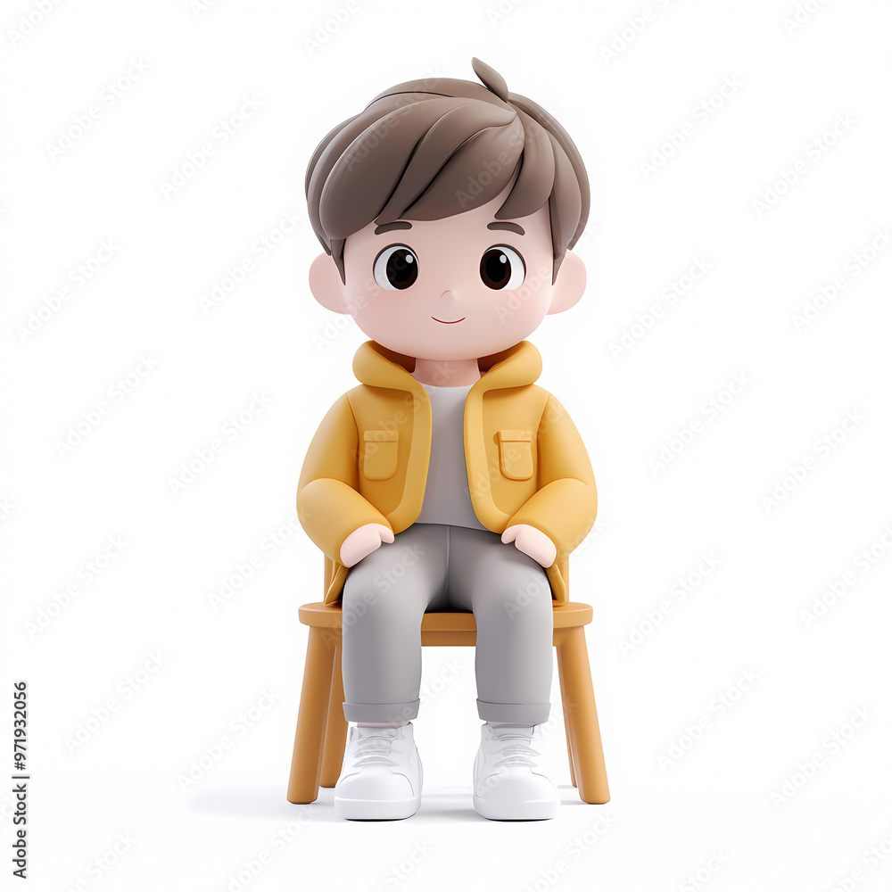 Cute 3D cartoon boy in yellow jacket sitting on chair Cute 3D cartoon boy in yellow jacket sitting on chair