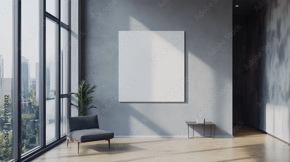 Minimalist Living Room with Empty Canvas Frame Grey Wall and Large Window View Minimalist Living Room with Empty Canvas Frame Grey Wall and Large Window View