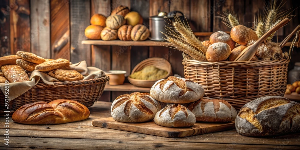 Freshly baked bread on a rustic wooden table in a cozy bakery setting, fresh, bread, bakery, rustic, wooden, table, cozy Freshly baked bread on a rustic wooden table in a cozy bakery setting, fresh, bread, bakery, rustic, wooden, table, cozy