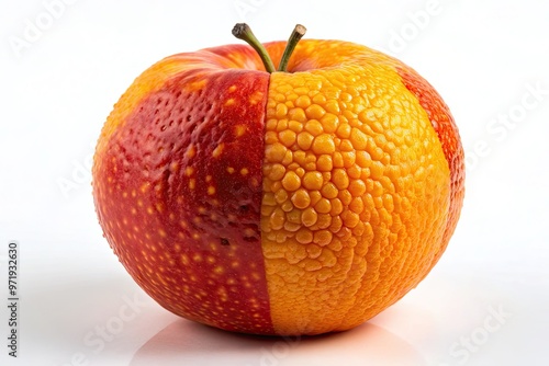 Vibrant, genetically modified apple with a thick, textured orange peel, displayed on a white background, highlighting the unusual fusion of two familiar fruits.