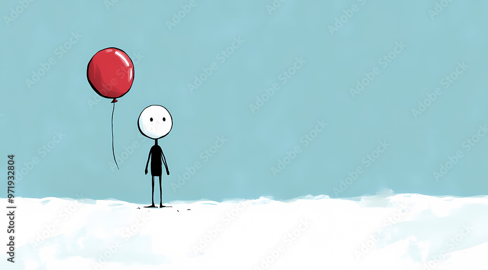 Minimalist stick figure in snow with red balloon, evoking loneliness. Minimalist stick figure in snow with red balloon, evoking loneliness.