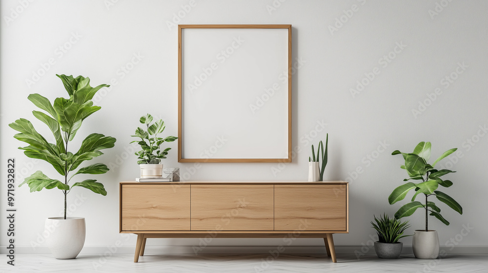 Minimalist Living Room with Large Frame Mockup on White Wall and Oak Wooden Sideboard Minimalist Living Room with Large Frame Mockup on White Wall and Oak Wooden Sideboard