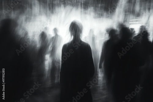 Silhouette of lone figure in blurred crowd