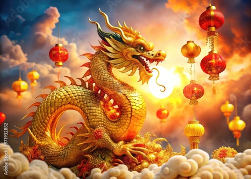 Wallpaper Mural Vibrant golden dragon figurine with intricate scales and fiery breath, surrounded by auspicious clouds and decorative lanterns, symbolizing good fortune and prosperity in Chinese culture. Torontodigital.ca