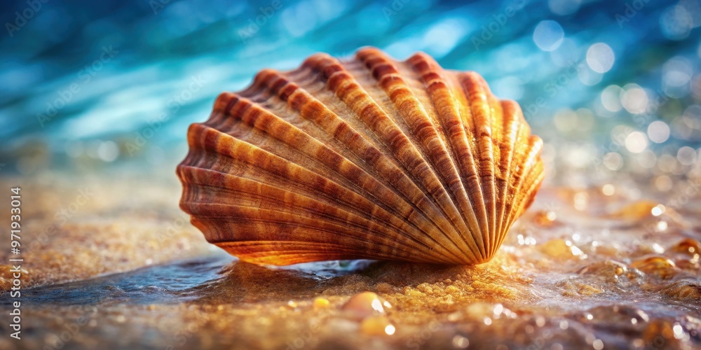 Closeup macro shot of a brown scallop sea shell on a textured summer background with water, perfect for marine themed designs Closeup macro shot of a brown scallop sea shell on a textured summer background with water, perfect for marine themed designs