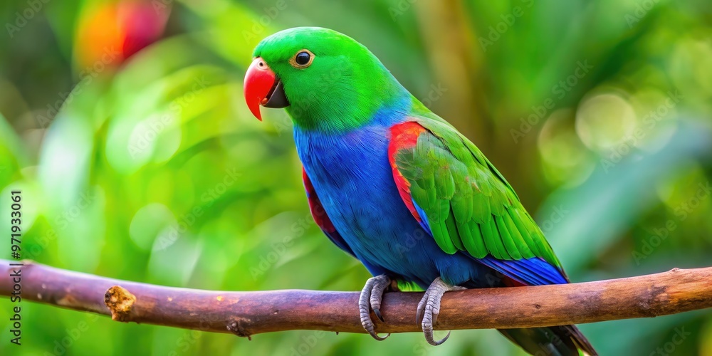 Vibrant green and blue male Eclectus parrot perches on a wooden branch, showcasing its bright plumage, distinctive yellow beak, and curious, intelligent gaze. Vibrant green and blue male Eclectus parrot perches on a wooden branch, showcasing its bright plumage, distinctive yellow beak, and curious, intelligent gaze.