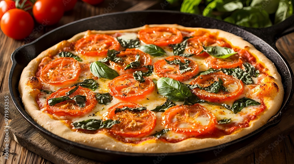 Delicious homemade tomato and basil pizza in a cast-iron skillet. Delicious homemade tomato and basil pizza in a cast-iron skillet.