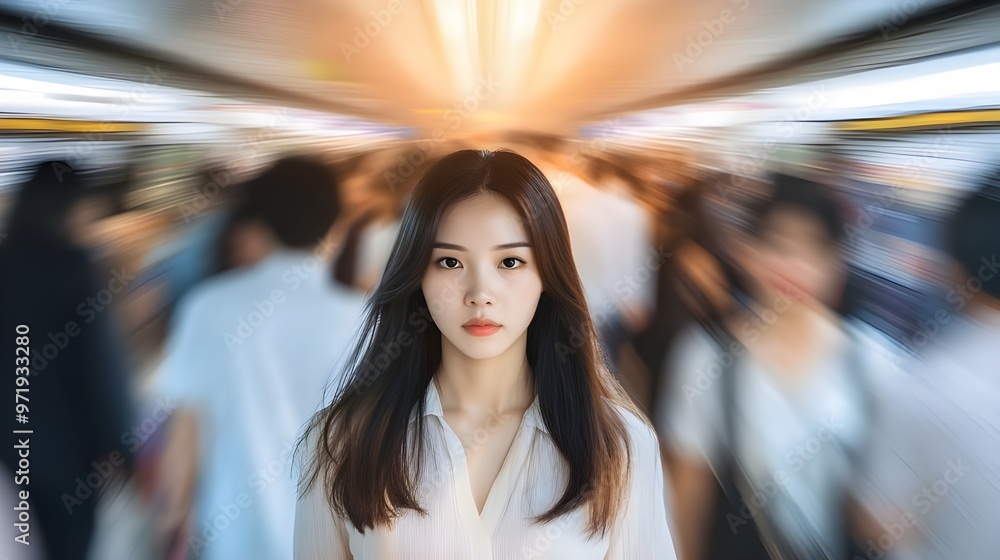 Obraz premium Woman Navigating a Crowded Subway Station.