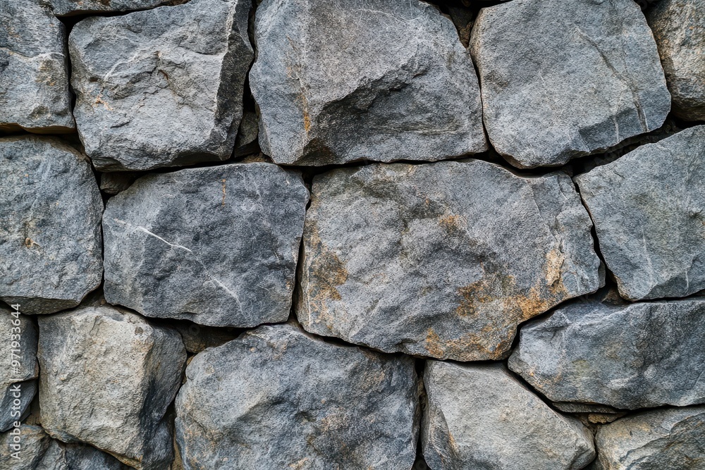 Close-up of a gray stone wall with rough texture and irregular shapes Close-up of a gray stone wall with rough texture and irregular shapes