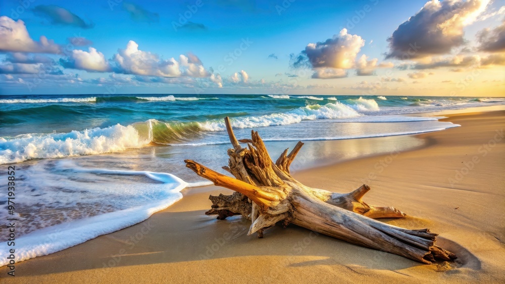 Fototapeta premium Driftwood washed up on sandy beach with ocean waves in the background, Driftwood, beach, sea, wave, wood, sand, nature
