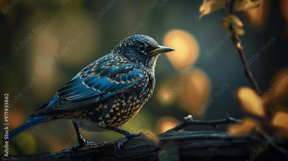 Fototapeta premium Starling perched on branch looking into forest
