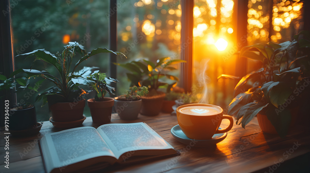 Fototapeta premium Tranquil Morning: Coffee, Book, and Houseplants Bathed in Golden Sunlight.