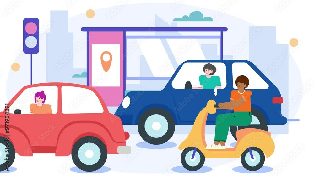 A colorful illustration depicting a busy urban traffic scene featuring cars a scooter and pedestrians at a stop animated video A colorful illustration depicting a busy urban traffic scene featuring cars a scooter and pedestrians at a stop animated video