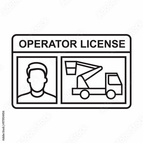 Outlined cherry picker operator license card vector illustration. Industrial safety management for transport. Authorized driver for operating the vehicle and heavy equipment.