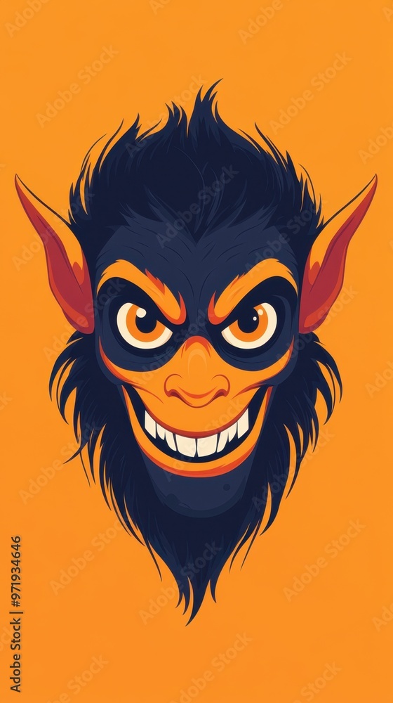 A stylized creature with exaggerated features and a mischievous grin on a vibrant orange background.