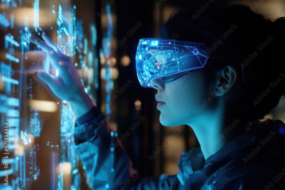 Woman using futuristic virtual reality interface Woman using futuristic virtual reality interface
