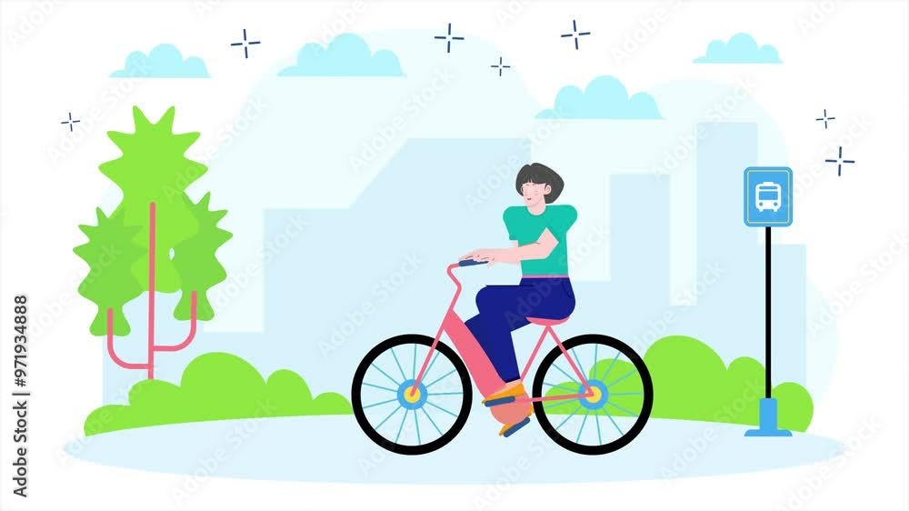 a woman enjoying outdoor activity by bicycling in park illustration animated video a woman enjoying outdoor activity by bicycling in park illustration animated video