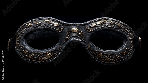 A black and gold masquerade mask with intricate floral details against a black background.