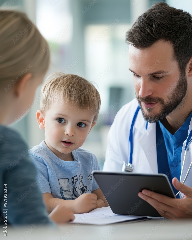 Father and Son Consulting with Pediatrician Using Digital Tablet Father and Son Consulting with Pediatrician Using Digital Tablet