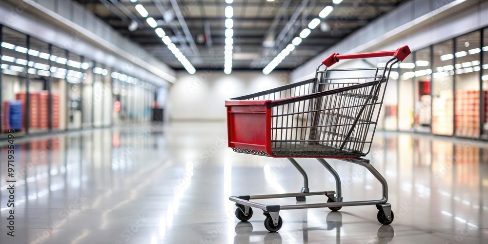 Black and red shopping cart in a retail store, shopping, cart, retail, store, consumerism, groceries, convenience, commerce Black and red shopping cart in a retail store, shopping, cart, retail, store, consumerism, groceries, convenience, commerce