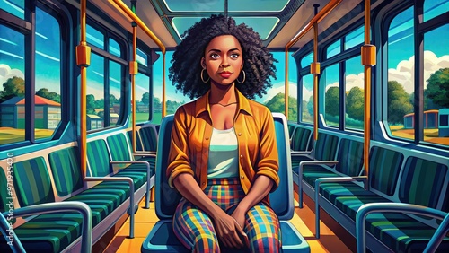 Vibrant illustration of a courageous African American woman sitting on a Montgomery City bus, symbolizing strength and defiance against racial segregation and injustice. photo