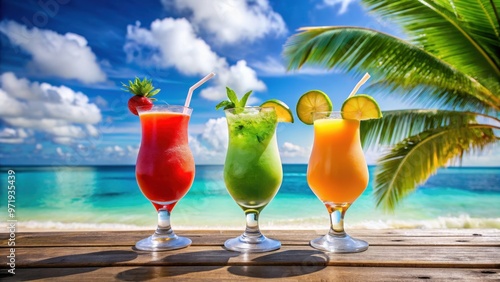 Three vibrant drinks on a tropical island beach, minimalistic, summer, composition, colourful, green tea, coffee, drinks photo