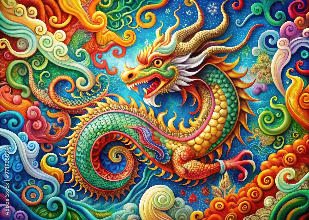 Vibrant illustration of a mythical dragon surrounded by colorful swirls and ornate patterns, awaiting creative expression on a blank background, ready for artistic exploration. Vibrant illustration of a mythical dragon surrounded by colorful swirls and ornate patterns, awaiting creative expression on a blank background, ready for artistic exploration.