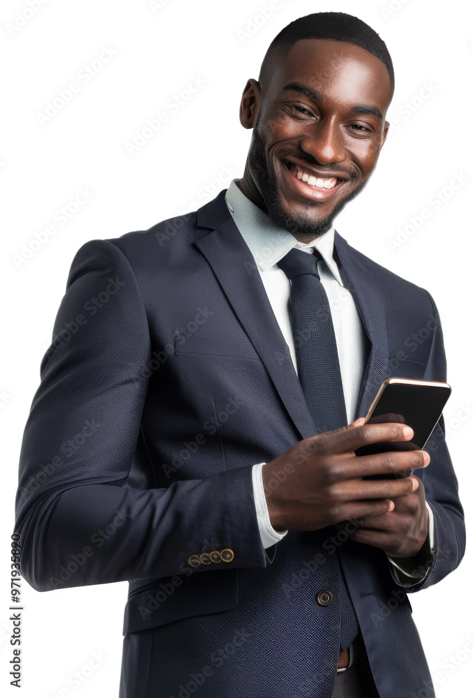 Portrait of young executive black businessman happy smiling and standing posing holding using smart phone, Wear a blue suit and red tie, isolated on white background, png	