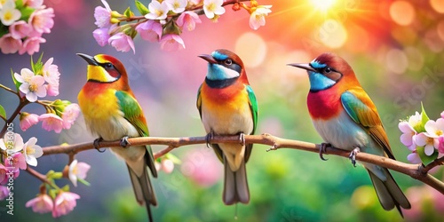 Three colorful birds chirping happily on a blooming tree branch in spring, birds, singing, songs, branch, spring, nature