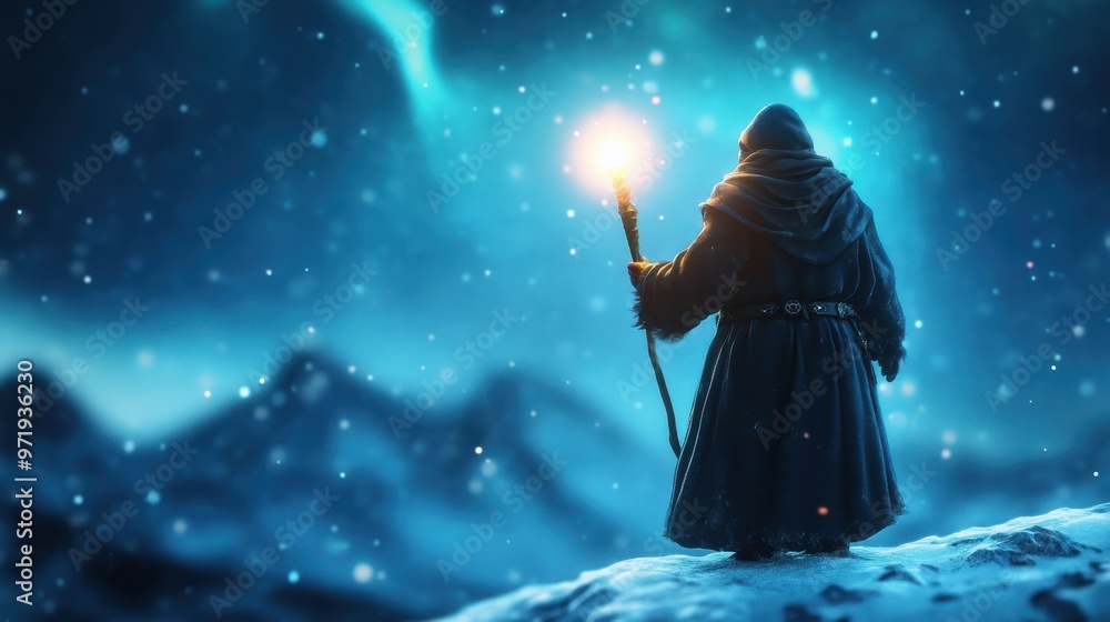 Obraz premium Mystical Wizard Journeying Through Snowy Mountainous Landscape at Glowing Aurora Night
