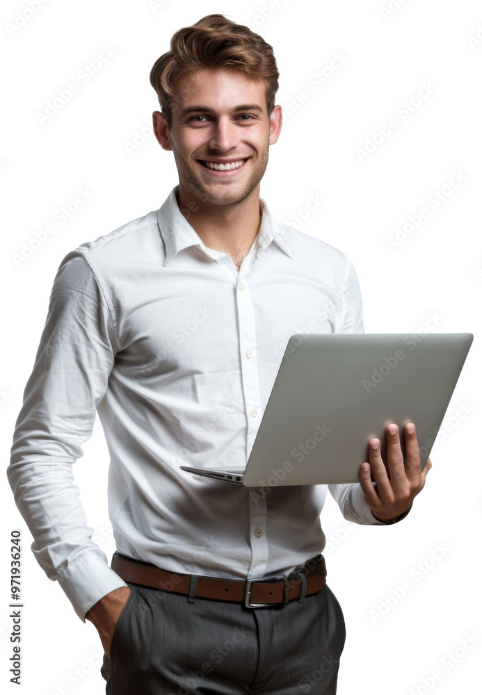 Portrait of young executive businessman happy smiling and standing posing holding using laptop computer, isolated on white background, png Portrait of young executive businessman happy smiling and standing posing holding using laptop computer, isolated on white background, png