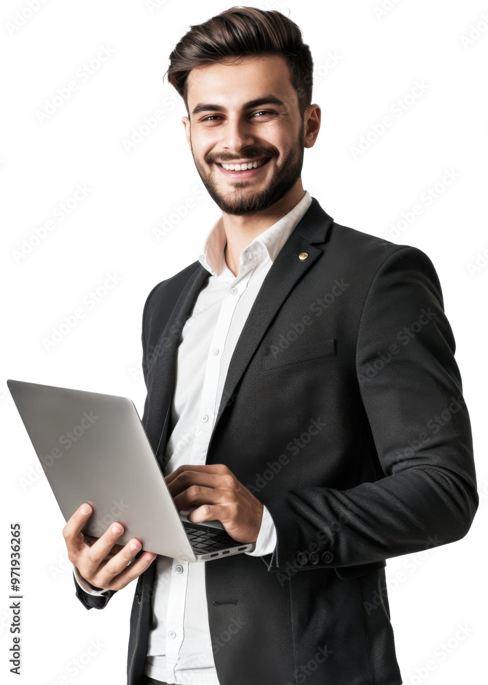 Portrait of young executive businessman happy smiling and standing posing holding using laptop computer, isolated on white background, png Portrait of young executive businessman happy smiling and standing posing holding using laptop computer, isolated on white background, png