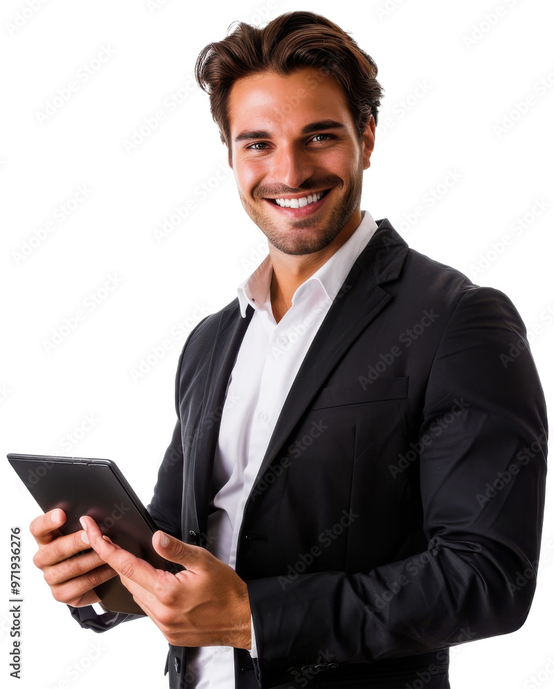 Portrait of young executive businessman happy smiling and standing posing holding using tablet computer, isolated on white background, png Portrait of young executive businessman happy smiling and standing posing holding using tablet computer, isolated on white background, png