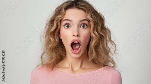 Surprised young woman with curly hair and open mouth looks into the camera with her mouth open in amazement.