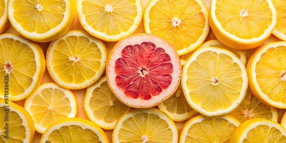 One pink grapefruit slice standing out among a group of yellow lemon slices, Pink grapefruit, lemon, citrus fruits One pink grapefruit slice standing out among a group of yellow lemon slices, Pink grapefruit, lemon, citrus fruits