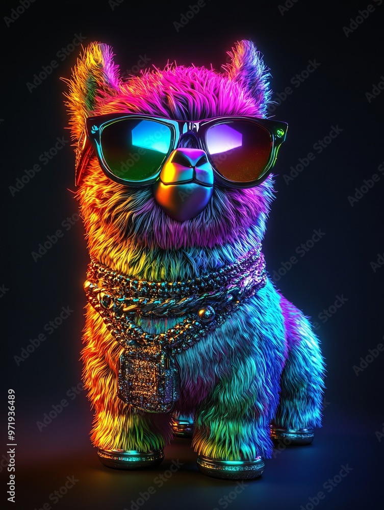 Vibrant Chibi Alpaca in Heavy Metal Rock Style on Solid Black Background Vibrant Chibi Alpaca in Heavy Metal Rock Style on Solid Black Background