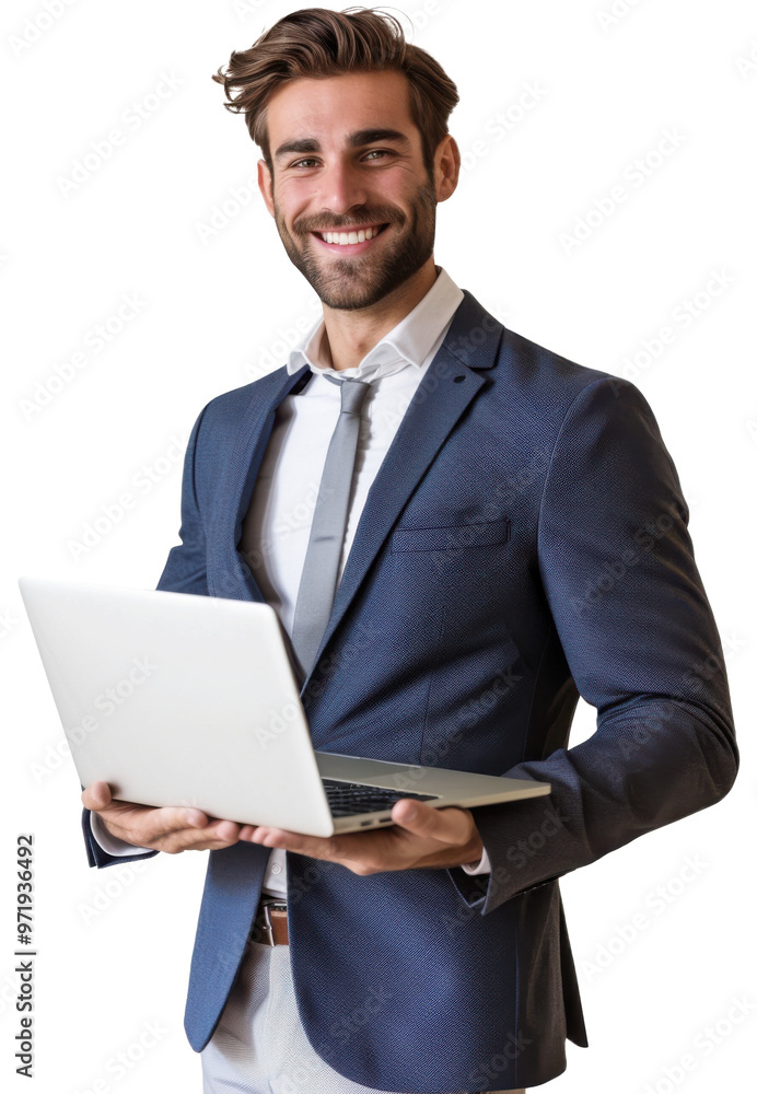 Portrait of young executive businessman happy smiling and standing posing holding using laptop computer, isolated on white background, png Portrait of young executive businessman happy smiling and standing posing holding using laptop computer, isolated on white background, png