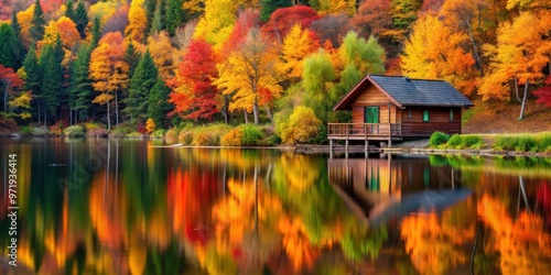 Serene lakeside cabin surrounded by vibrant autumn trees, fall, golden hues, lakeside, cabin, serene, tranquil, autumn, trees