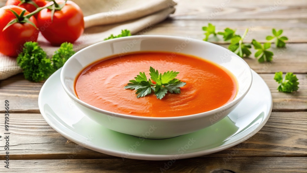 Tomato soup with parsley garnish on a white plate, tomato, soup, parsley, garnish, plate, white background, food photography Tomato soup with parsley garnish on a white plate, tomato, soup, parsley, garnish, plate, white background, food photography
