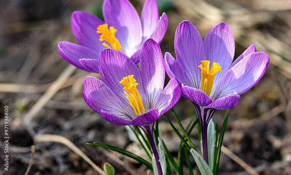 Close-Up of Three Purple Crocuses Blooming in Spring Close-Up of Three Purple Crocuses Blooming in Spring