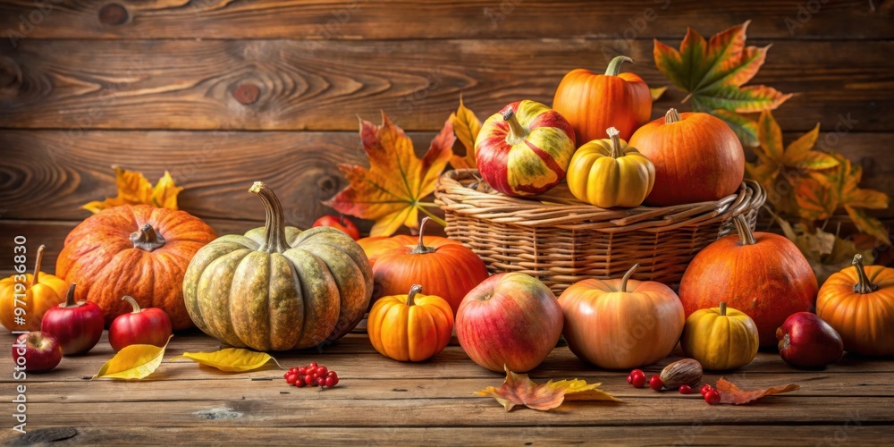 Autumn harvest display with pumpkins and apples on a wooden table, pumpkins, apples, wooden table, autumn decor Autumn harvest display with pumpkins and apples on a wooden table, pumpkins, apples, wooden table, autumn decor