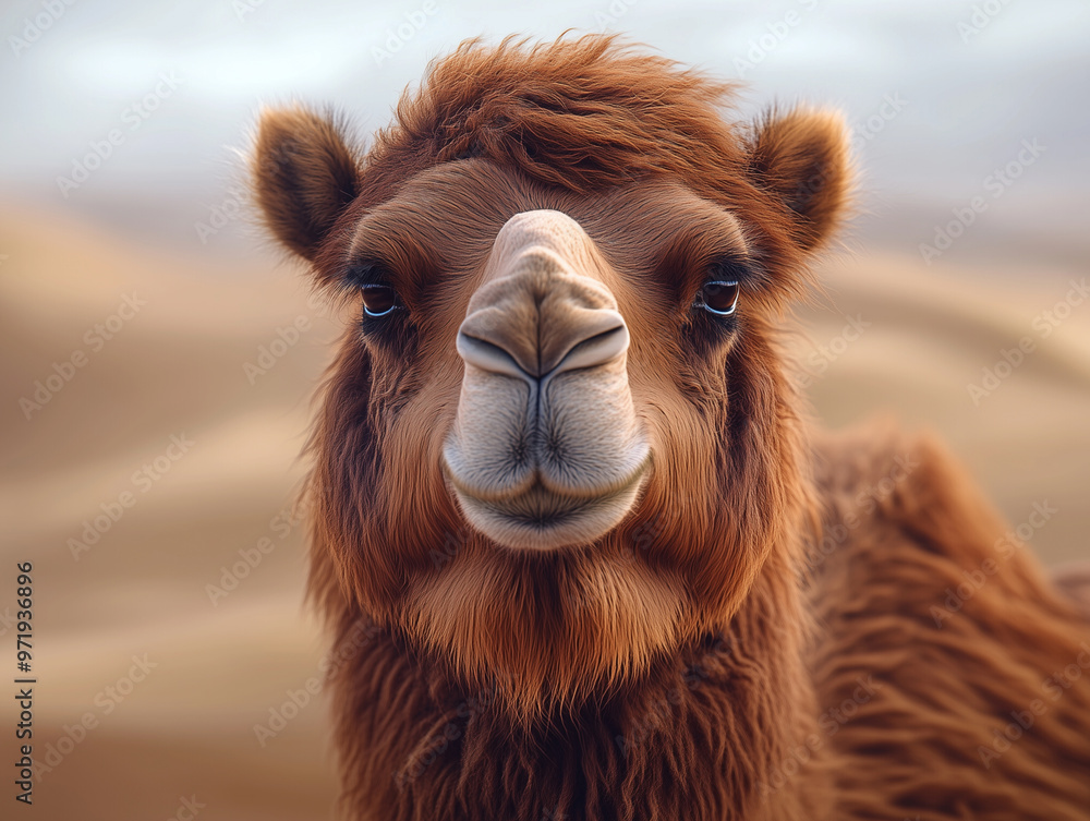 Obraz premium Bactrian Camel, Camelus bactrianus, close up with natural light in a desert landscape